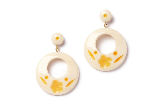 Splendette vintage inspired 1940s style carved yellow pastel fakelite Primrose Cream Drop Hoop Earrings