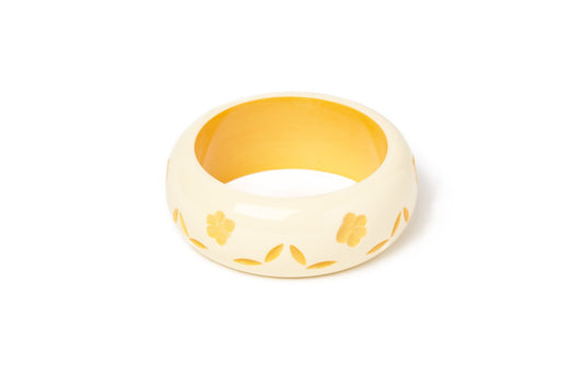 Splendette vintage inspired 1940s style carved yellow pastel fakelite Wide Primrose Cream Bangle