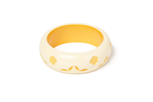 Splendette vintage inspired 1940s style carved yellow pastel fakelite larger size Wide Primrose Cream Duchess Bangle