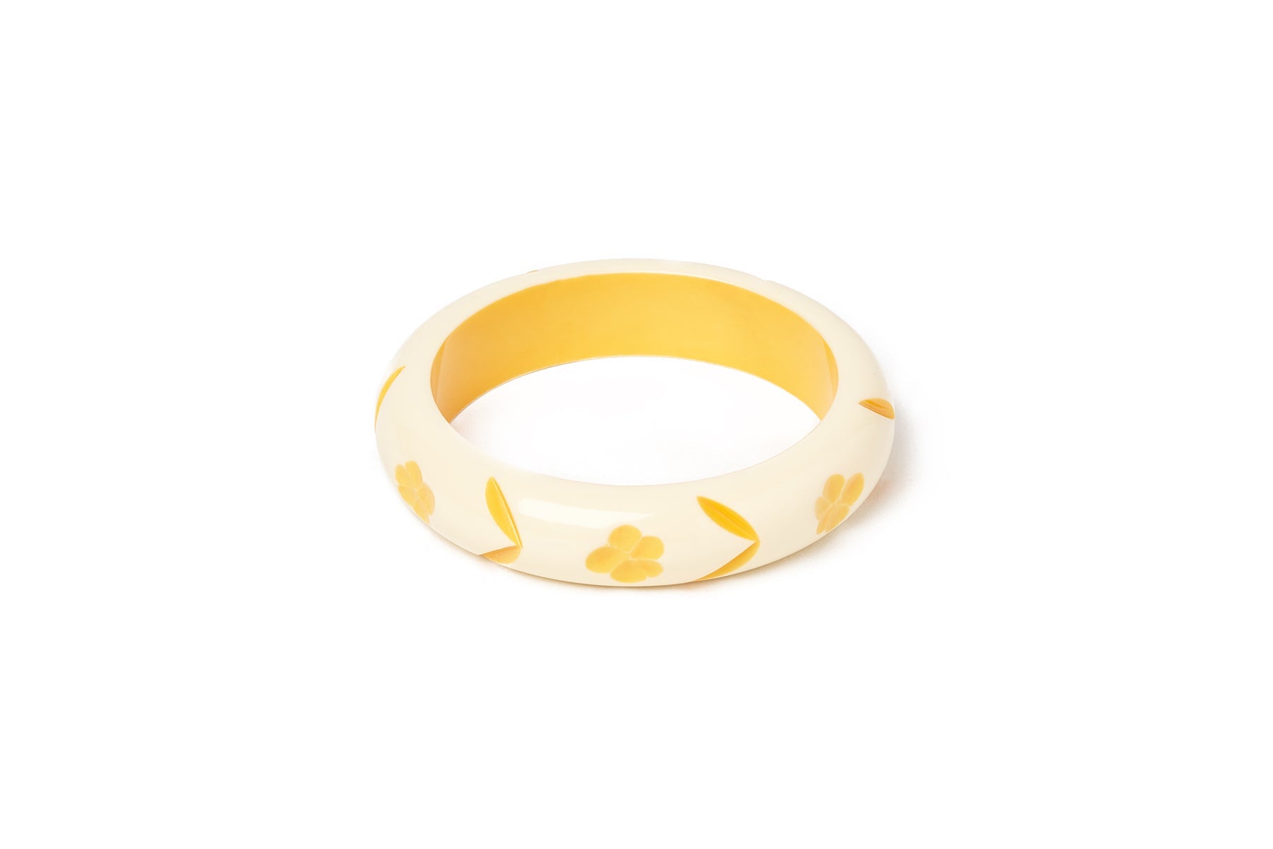 Splendette vintage inspired 1940s style carved yellow pastel fakelite smaller size Midi Primrose Cream Maiden Bangle