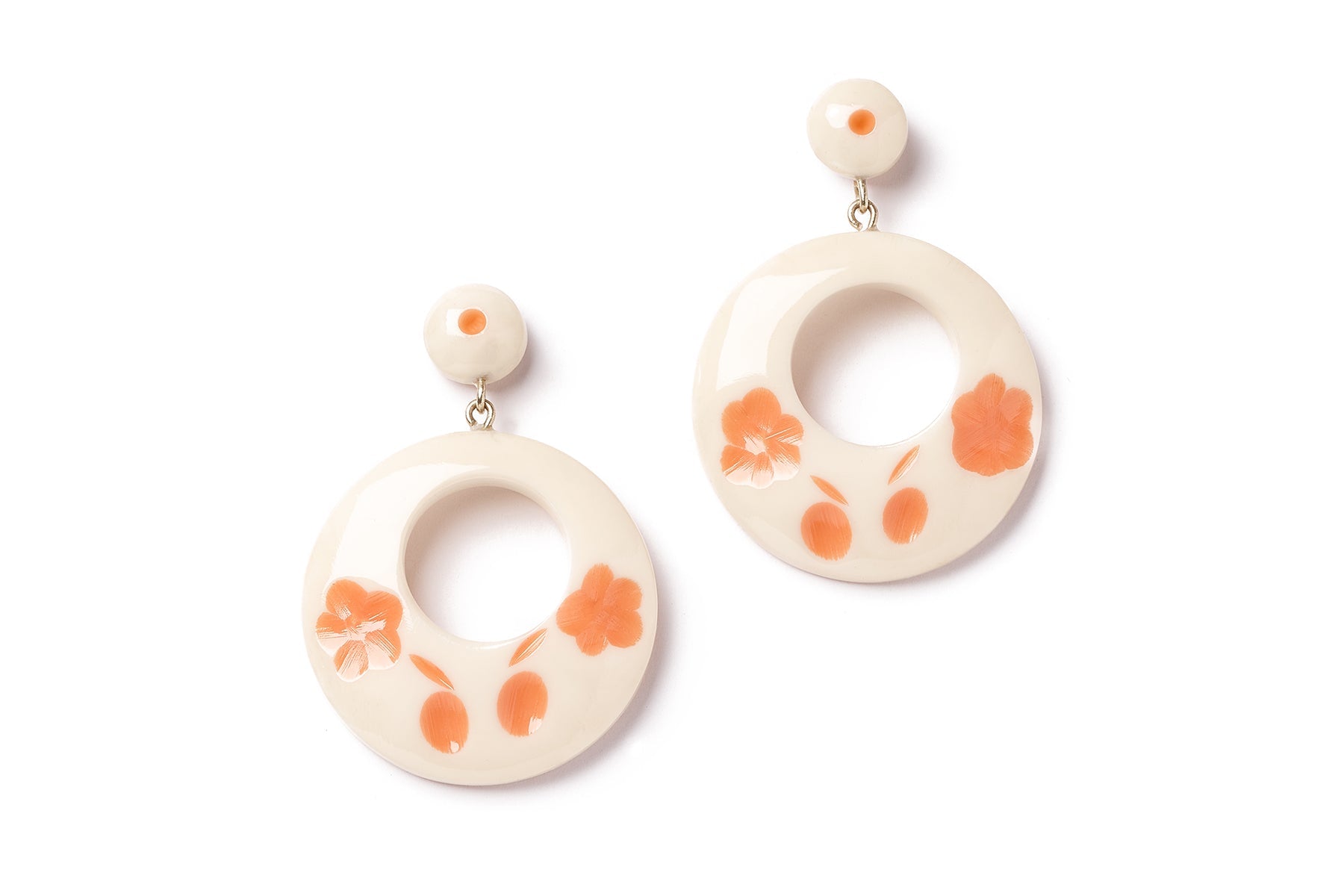 Splendette vintage inspired 1940s style carved peachy orange fakelite Apricot Cream Drop Hoop Earrings