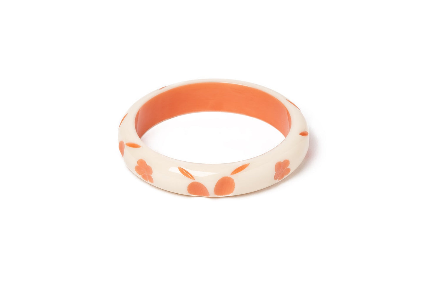 Splendette vintage inspired 1940s style carved peachy orange fakelite Midi Apricot Cream Bangle