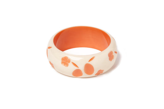 Splendette vintage inspired 1940s style carved peachy orange fakelite Wide Apricot Cream Bangle