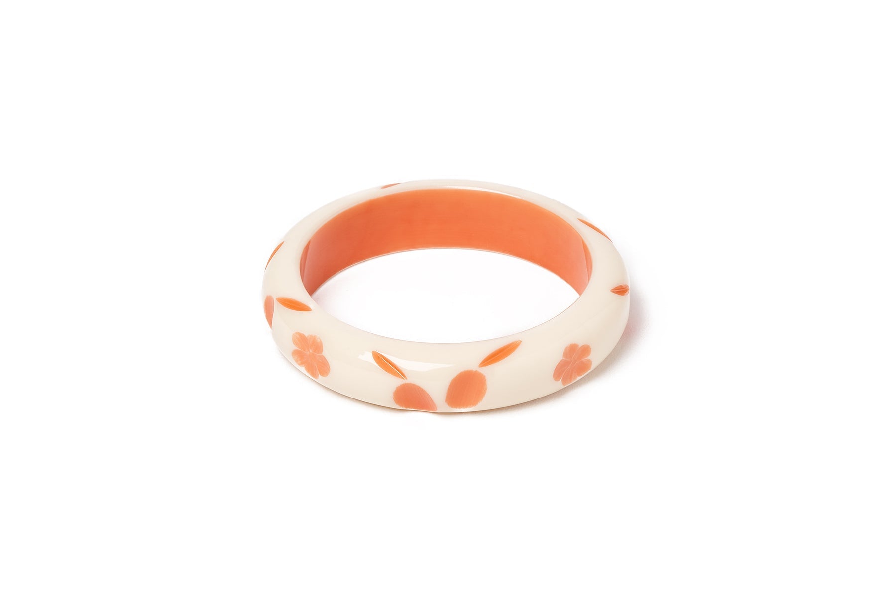Splendette vintage inspired 1940s style carved peachy orange fakelite smaller size Midi Apricot Cream Maiden Bangle