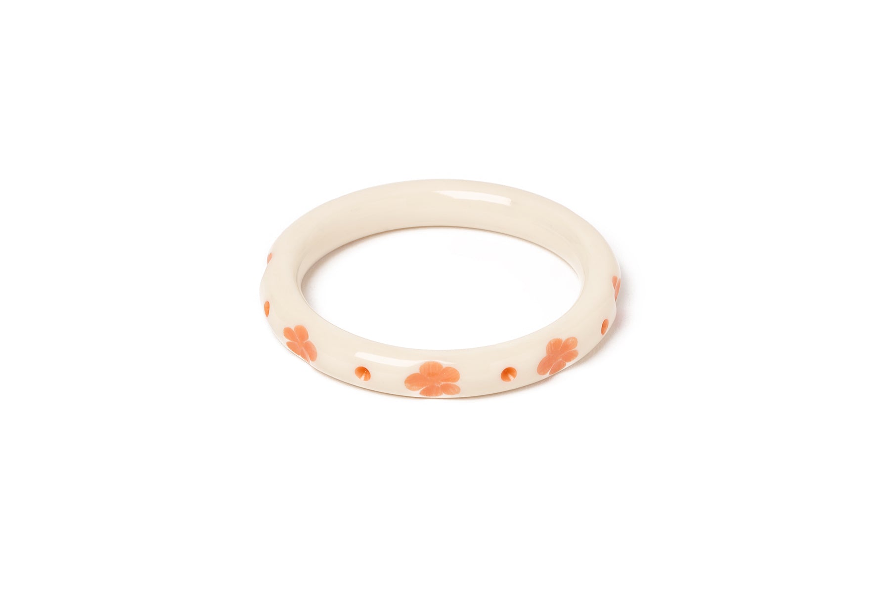 Splendette vintage inspired 1940s style carved peachy orange fakelite smaller size Narrow Apricot Cream Maiden Bangle