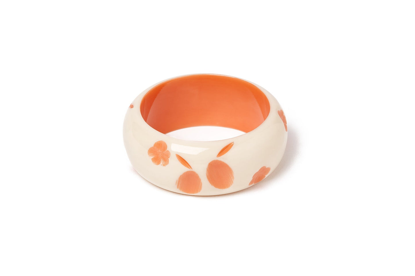 Splendette vintage inspired 1940s style carved peachy orange fakelite smaller size Wide Apricot Cream Maiden Bangle