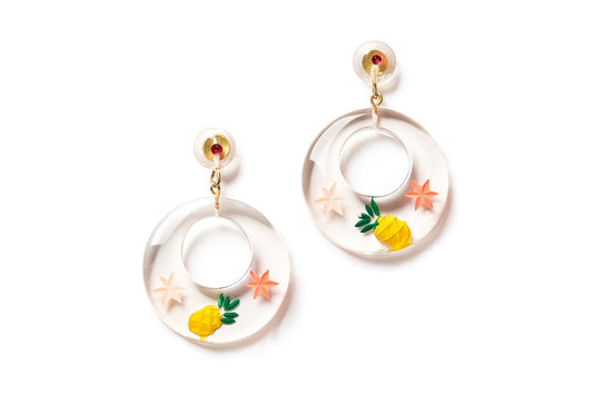 Splendette vintage inspired 1950s tropical retro style Pineapple Clear Drop Hoop Earrings