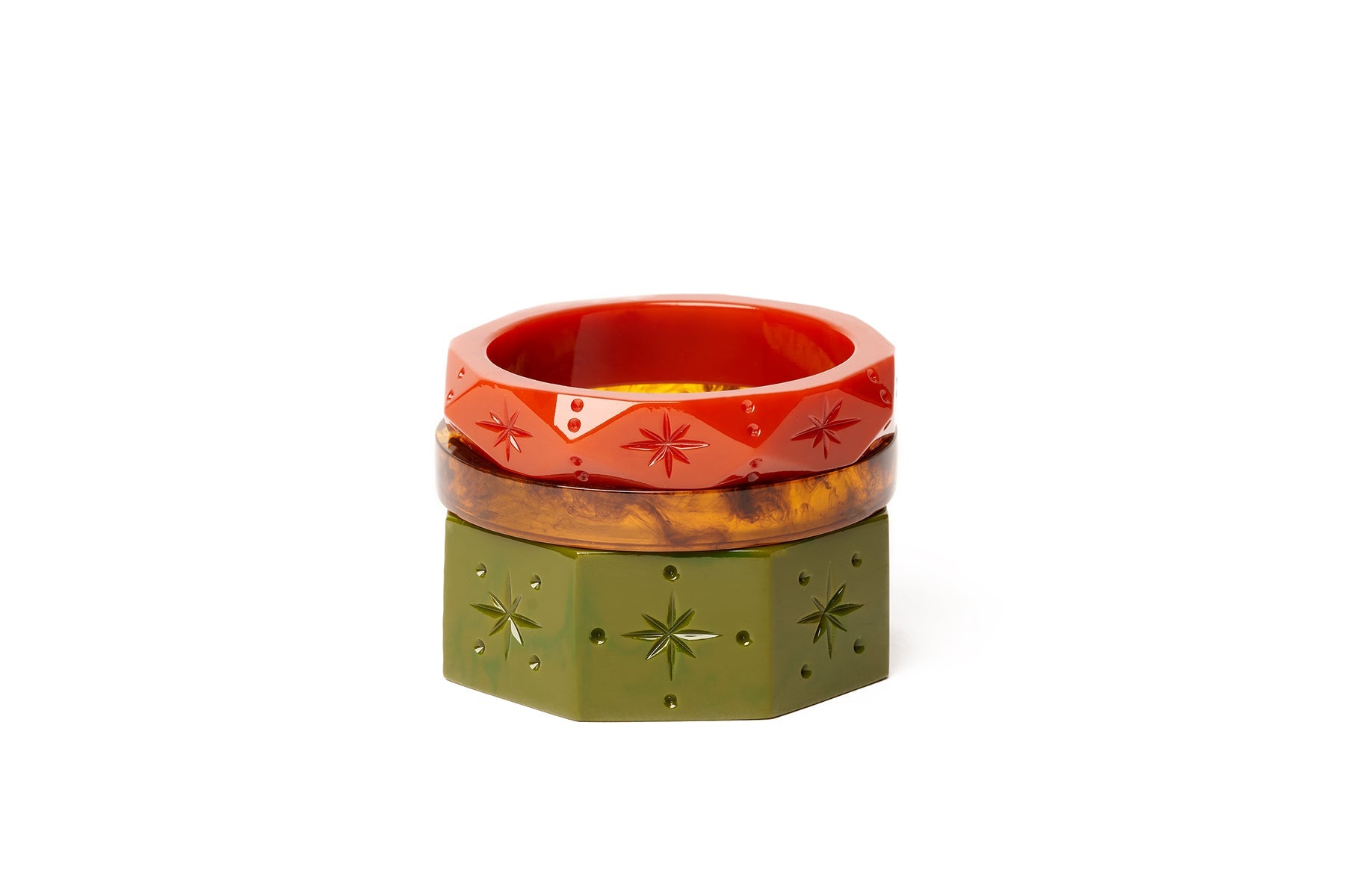 Splendette vintage inspired 1960s style bangles stack with orange Midi Rust, Narrow Tortoiseshell and green Wide Khaki
