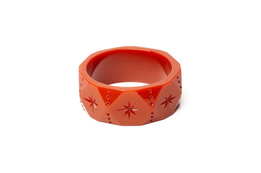 Splendette vintage inspired 1960s style orange fakelite Wide Rust Bangle