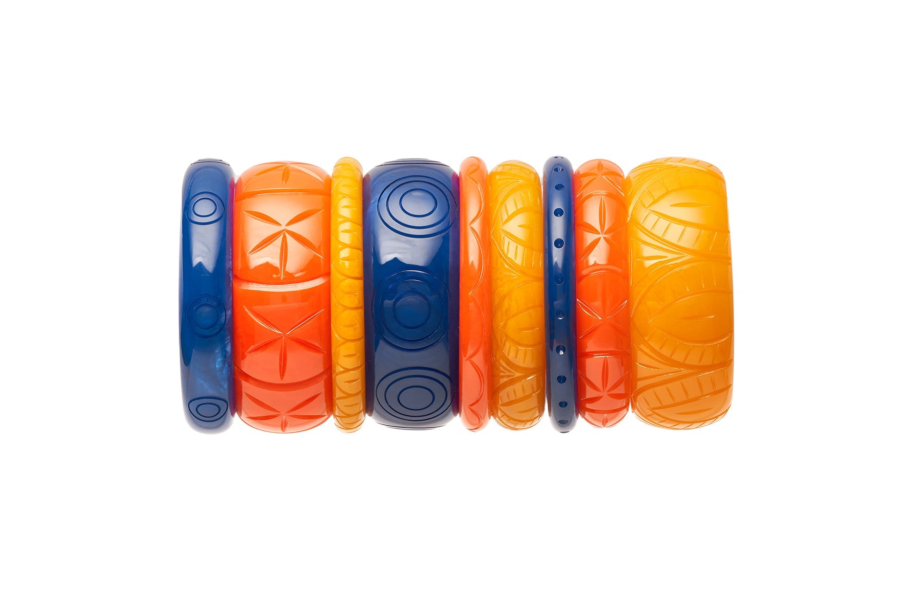 Splendette vintage inspired 1940s style carved fakelite bangles in Bristol Blue, orange Paprika and yellow Sand 