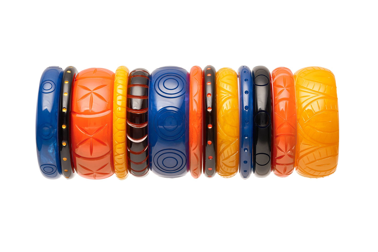 Splendette vintage inspired 1940s style carved fakelite bangles in Bristol Blue, orange Paprika and yellow Sand with matching black bangles