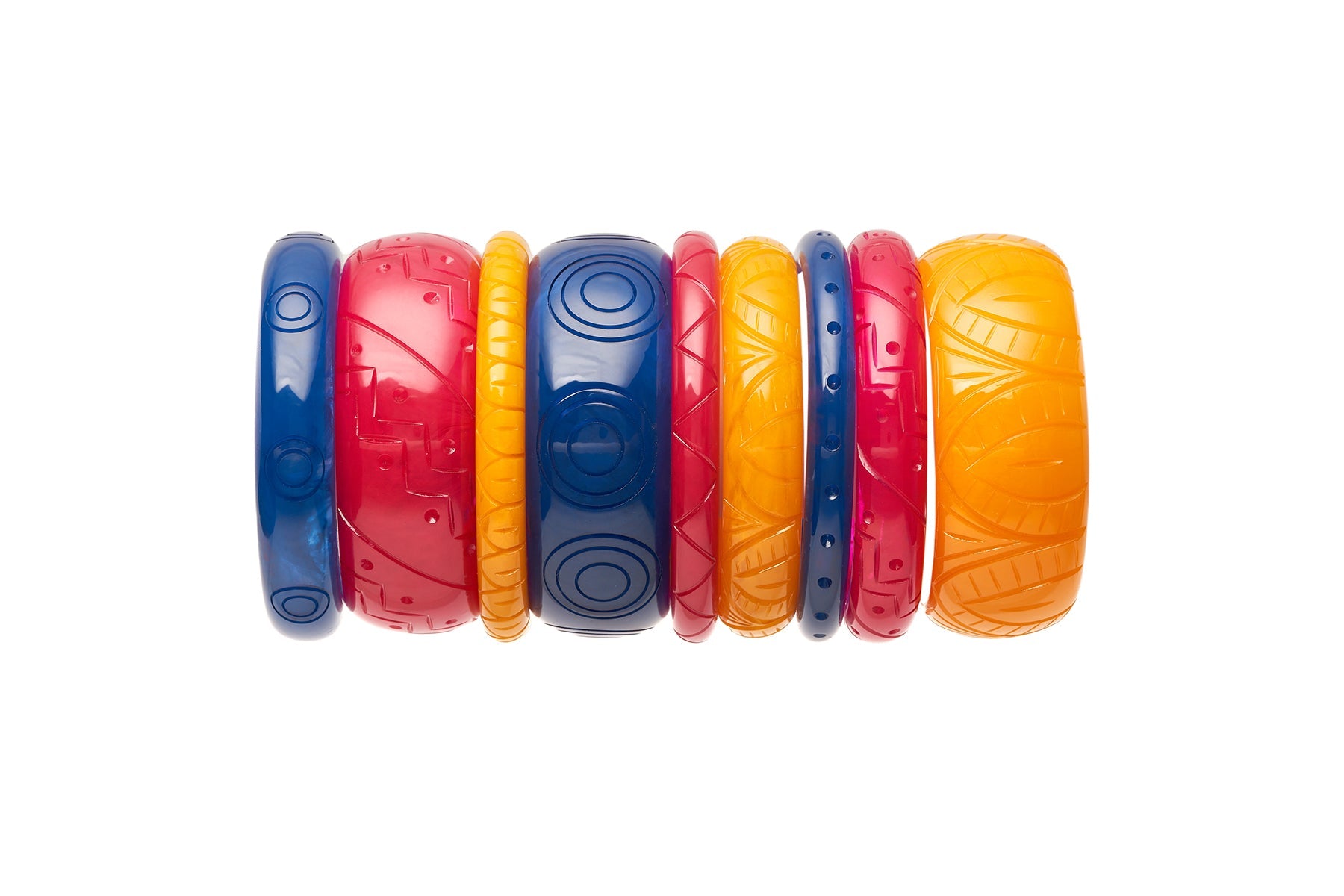 Splendette vintage inspired 1940s Bakelite style carved fakelite bangles in Bristol Blue, yellow Sand, pink Magenta