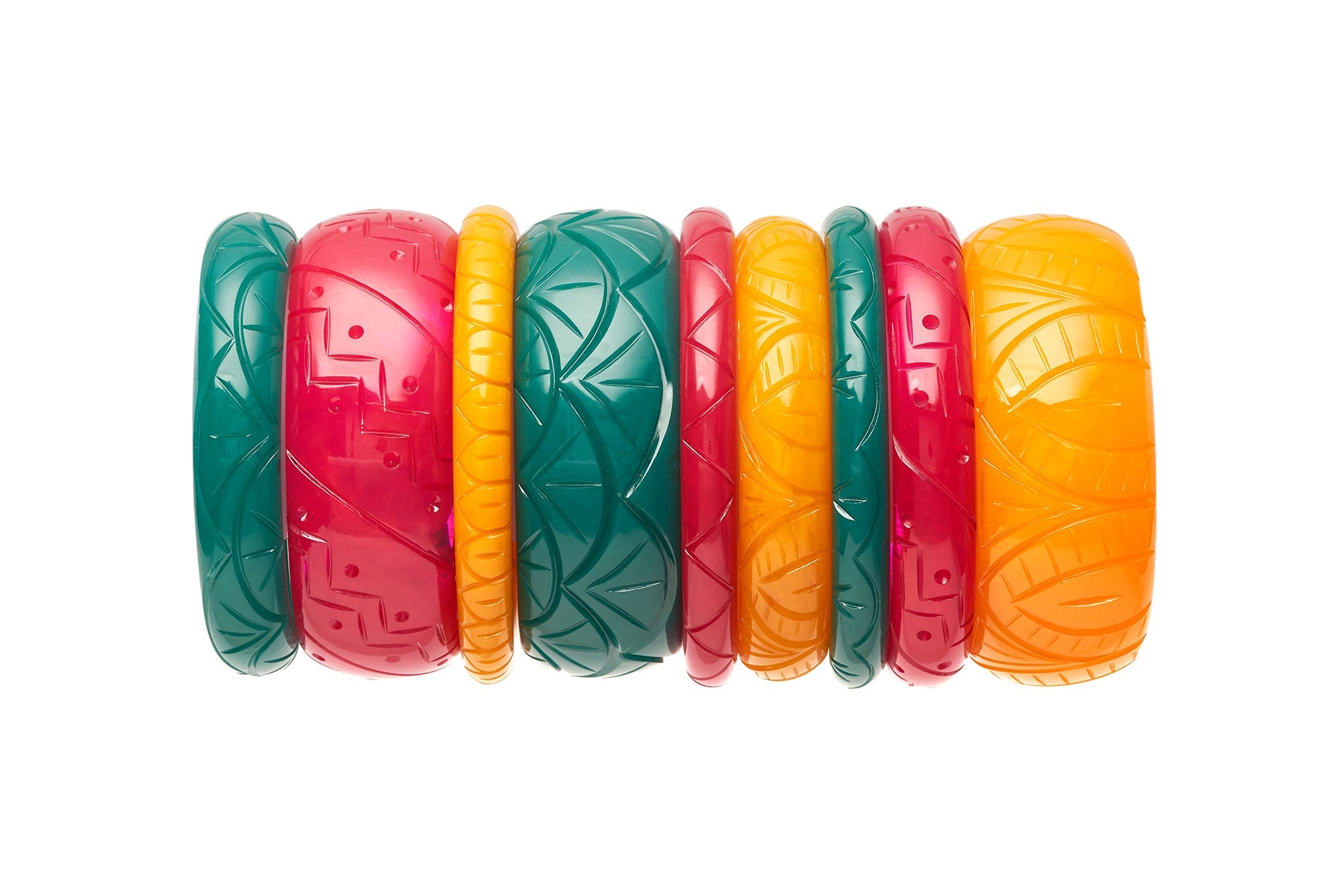 Splendette vintage inspired 1940s Bakelite style carved fakelite bangles in teal green Drille, yellow Sand, pink Magenta