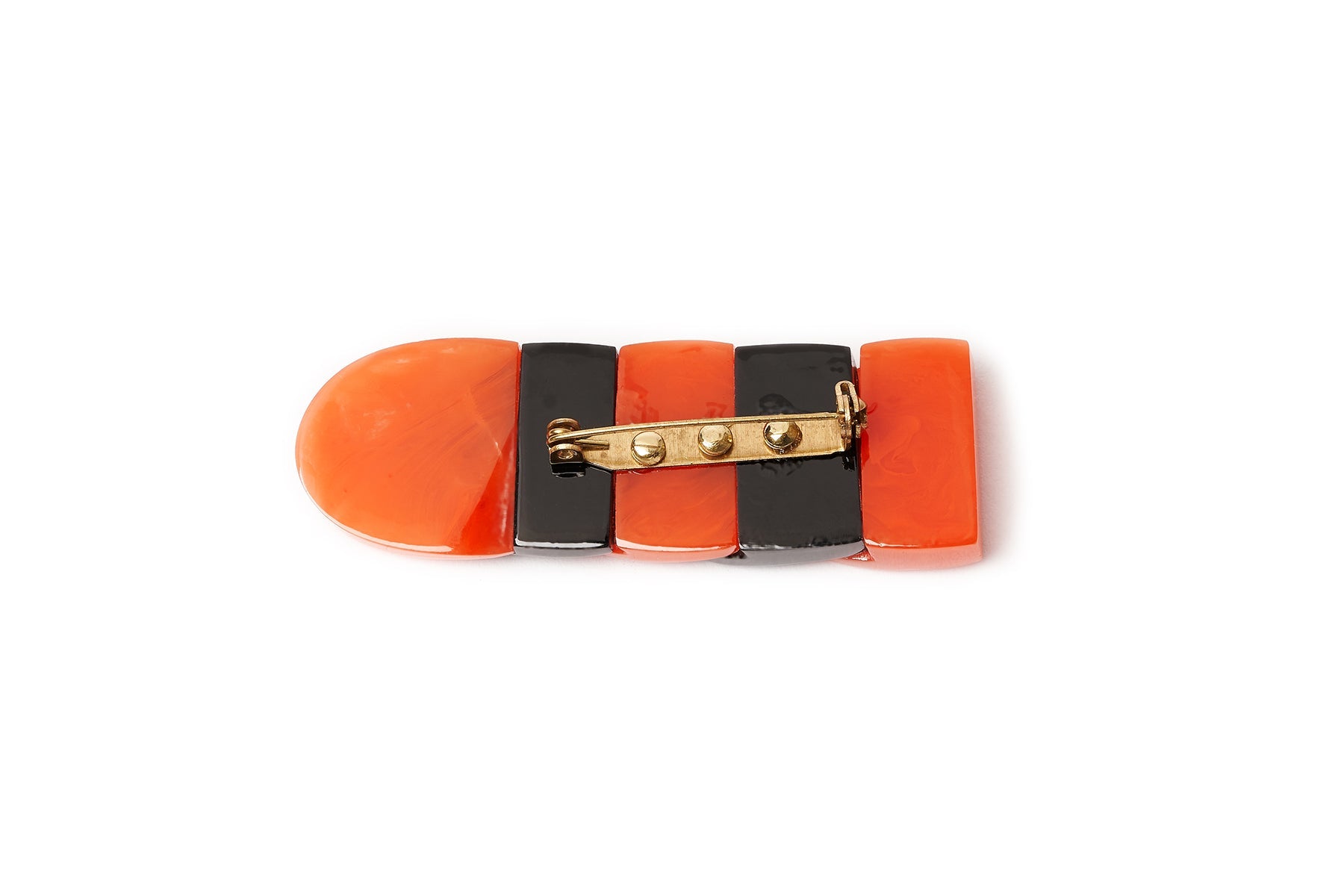 Splendette vintage inspired 1940s style carved orange and black Paprika Fakelite Brooch reverse