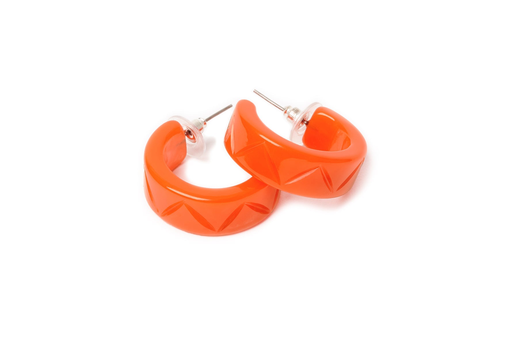 Splendette vintage inspired 1940s style carved orange Paprika Fakelite Hoop Earrings