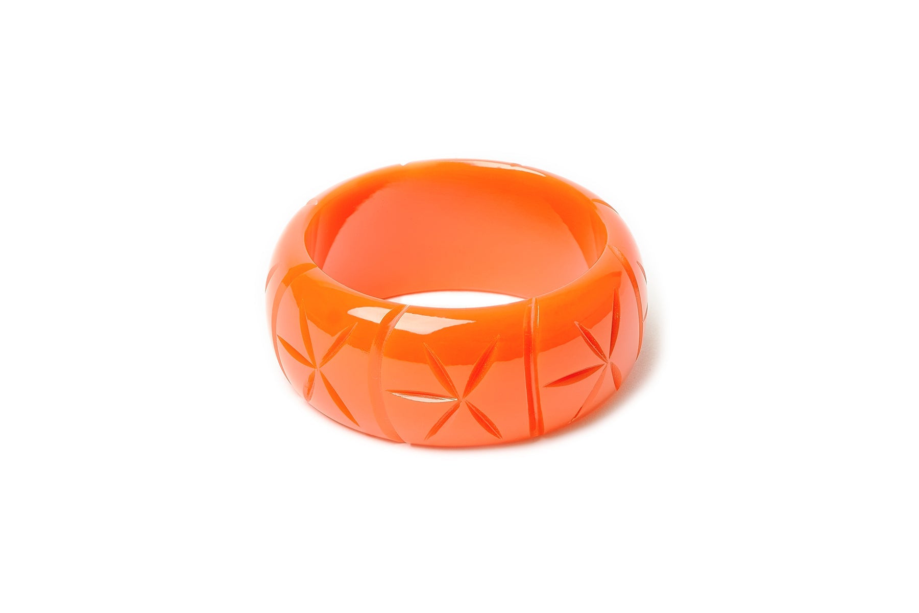 Splendette vintage inspired 1940s style carved orange small size Wide Paprika Fakelite Maiden Bangle