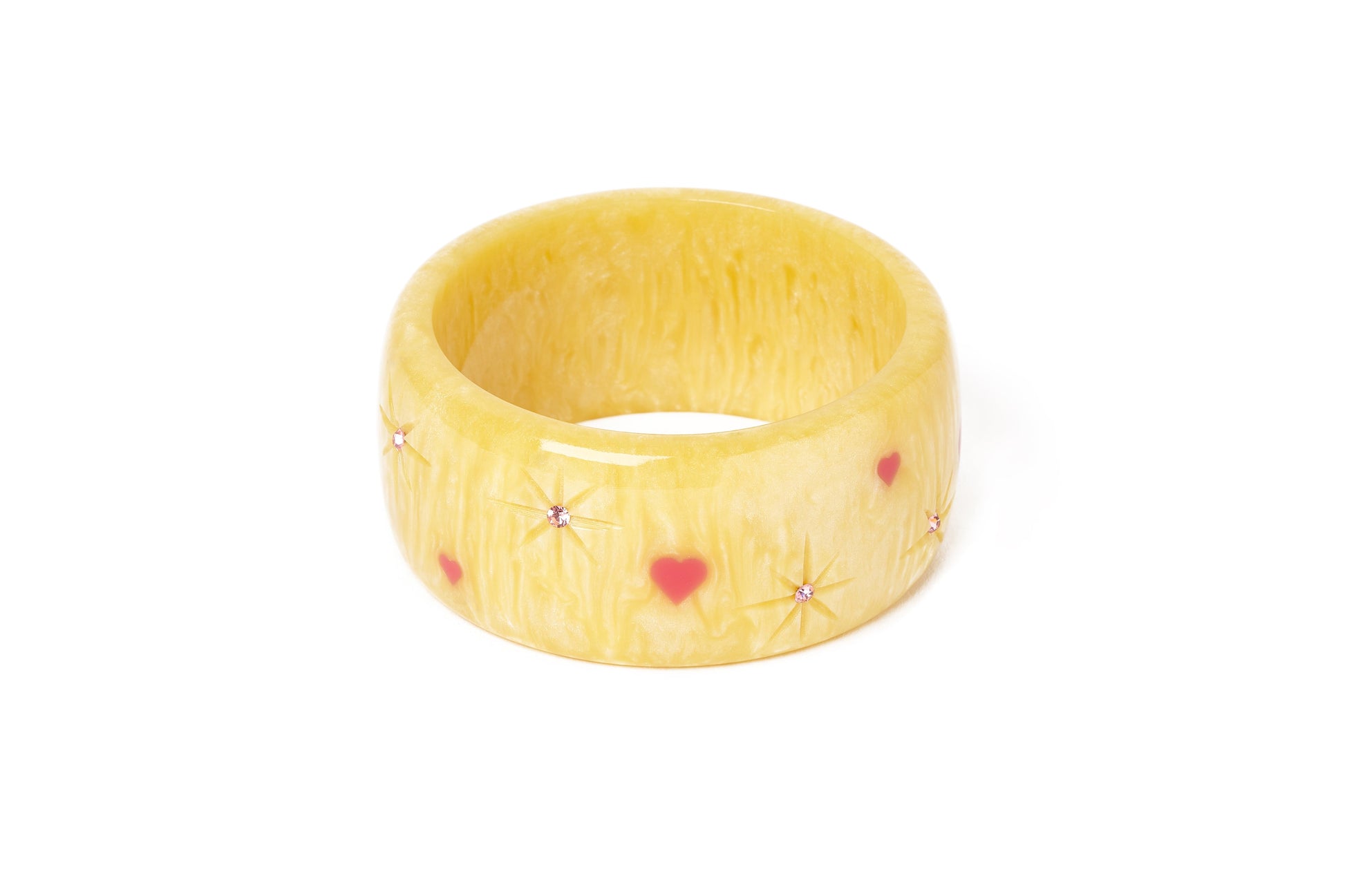 Splendette vintage inspired 1950s kitsch Valentine's style pastel yellow carved fakelite Extra Wide Honey Bunch Starburst Bangle