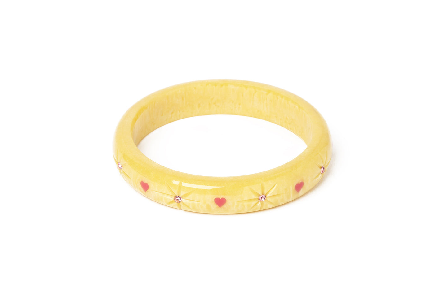 Splendette vintage inspired 1950s kitsch Valentine's style pastel yellow carved fakelite large size Midi Honey Bunch Starburst Duchess Bangle