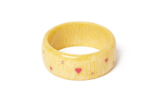 Splendette vintage inspired 1950s kitsch Valentine's style pastel yellow carved fakelite larger size Extra Wide Honey Bunch Starburst Duchess Bangle