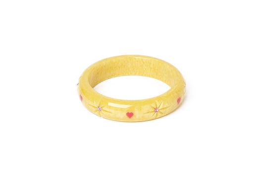 Splendette vintage inspired 1950s kitsch Valentine's style pastel yellow carved fakelite smaller size Midi Honey Bunch Starburst Maiden Bangle