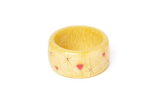 Splendette vintage inspired 1950s kitsch Valentine's style pastel yellow carved fakelite small size Extra Wide Honey Bunch Starburst Maiden Bangle
