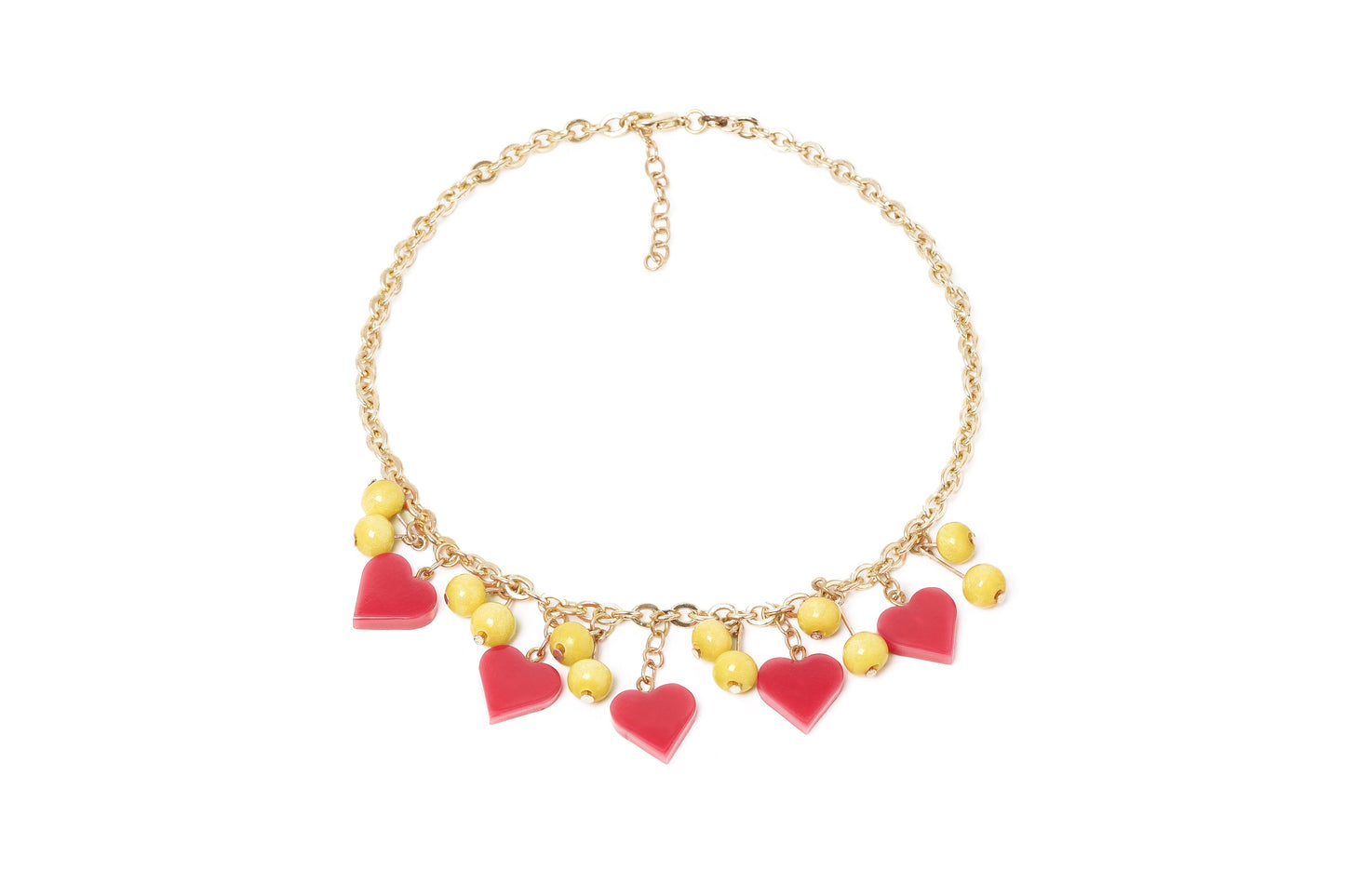 Splendette vintage inspired 1950s kitsch Valentine's style pastel yellow carved fakelite Honey Bunch Heart Necklace