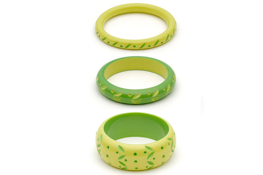 Splendette vintage inspired 1950s style bright green carved Duotone fakelite Zest & Lime Set of 3 Bangles